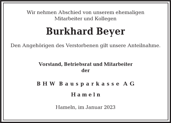 Traueranzeige von Burkhard Beyer von Deister- und Weserzeitung
