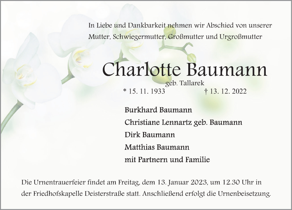 Traueranzeige für Charlotte Baumann vom 07.01.2023 aus Deister- und Weserzeitung