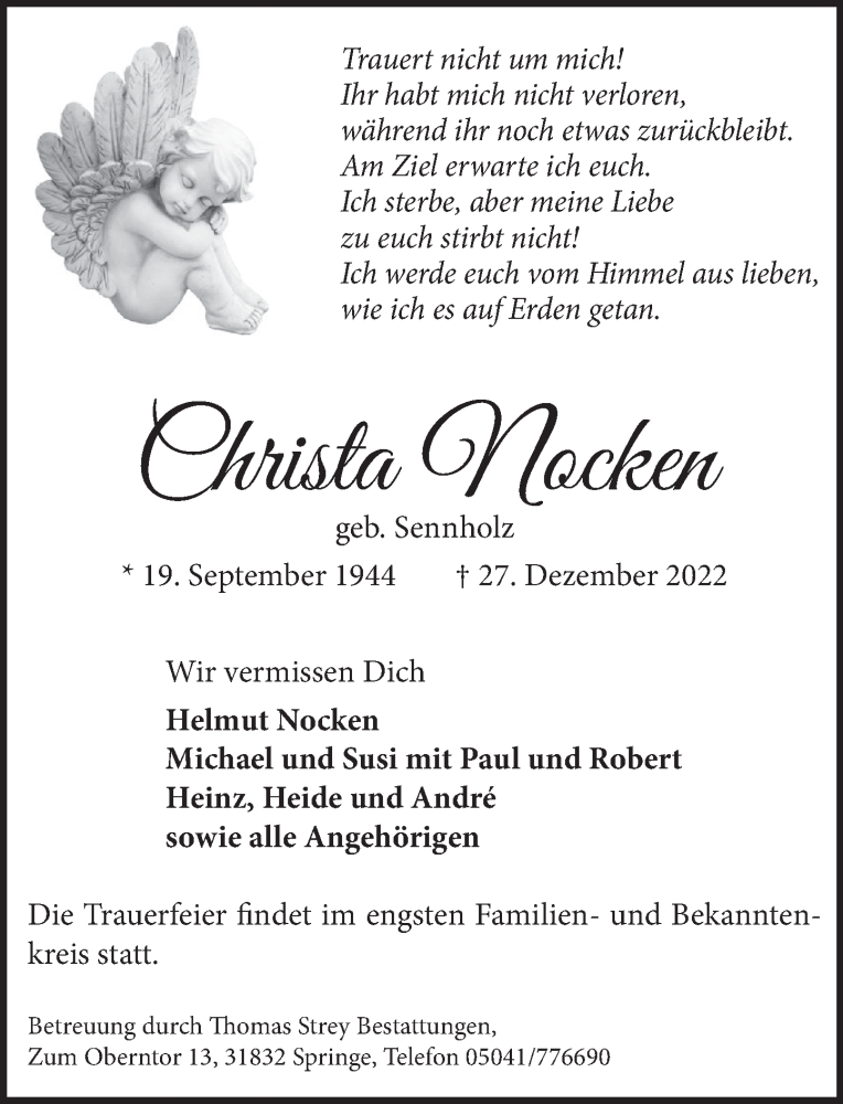  Traueranzeige für Christa Nocken vom 07.01.2023 aus Neue Deister-Zeitung