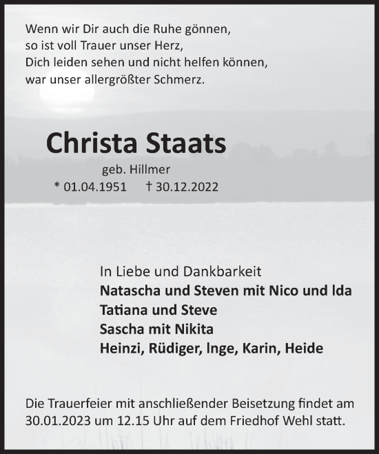 Traueranzeige von Christa Staats von Deister- und Weserzeitung