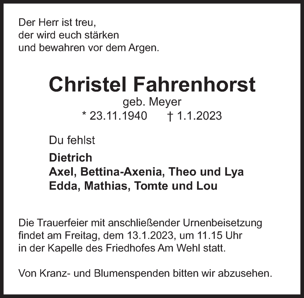  Traueranzeige für Christel Fahrenhorst vom 07.01.2023 aus Deister- und Weserzeitung