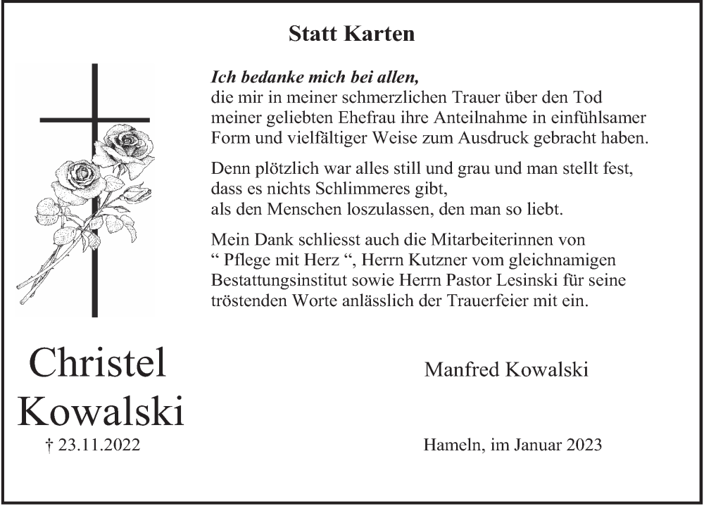  Traueranzeige für Christel Kowalski vom 07.01.2023 aus Deister- und Weserzeitung