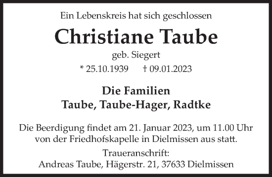 Traueranzeige von Christiane Taube von Deister- und Weserzeitung