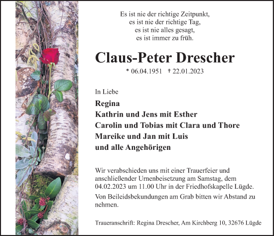 Traueranzeige von Claus-Peter Drescher von Deister- und Weserzeitung