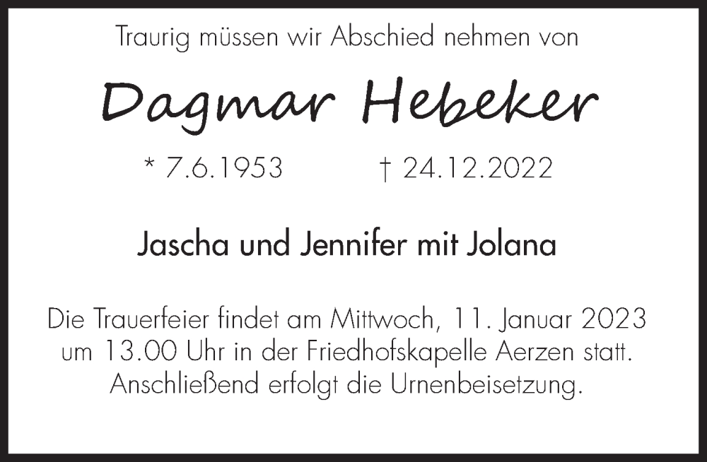  Traueranzeige für Dagmar Hebeker vom 07.01.2023 aus Deister- und Weserzeitung