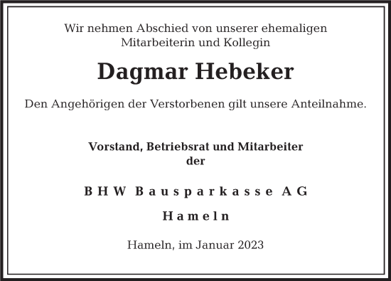 Traueranzeige von Dagmar Hebeker von Deister- und Weserzeitung