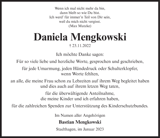 Traueranzeige von Daniela Mengkowski von Deister- und Weserzeitung