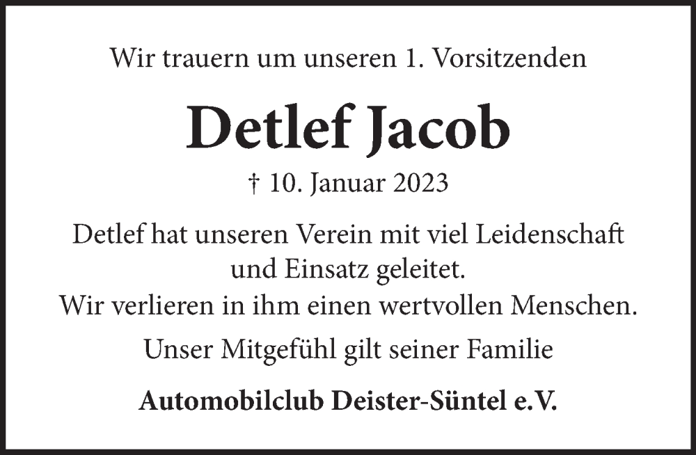  Traueranzeige für Detlef Jacob vom 18.01.2023 aus Neue Deister-Zeitung