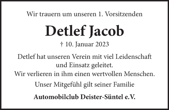 Traueranzeige von Detlef Jacob von Neue Deister-Zeitung