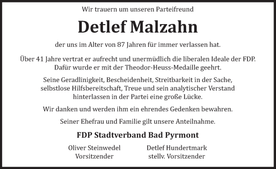 Traueranzeige von Detlef Malzahn von Deister- und Weserzeitung