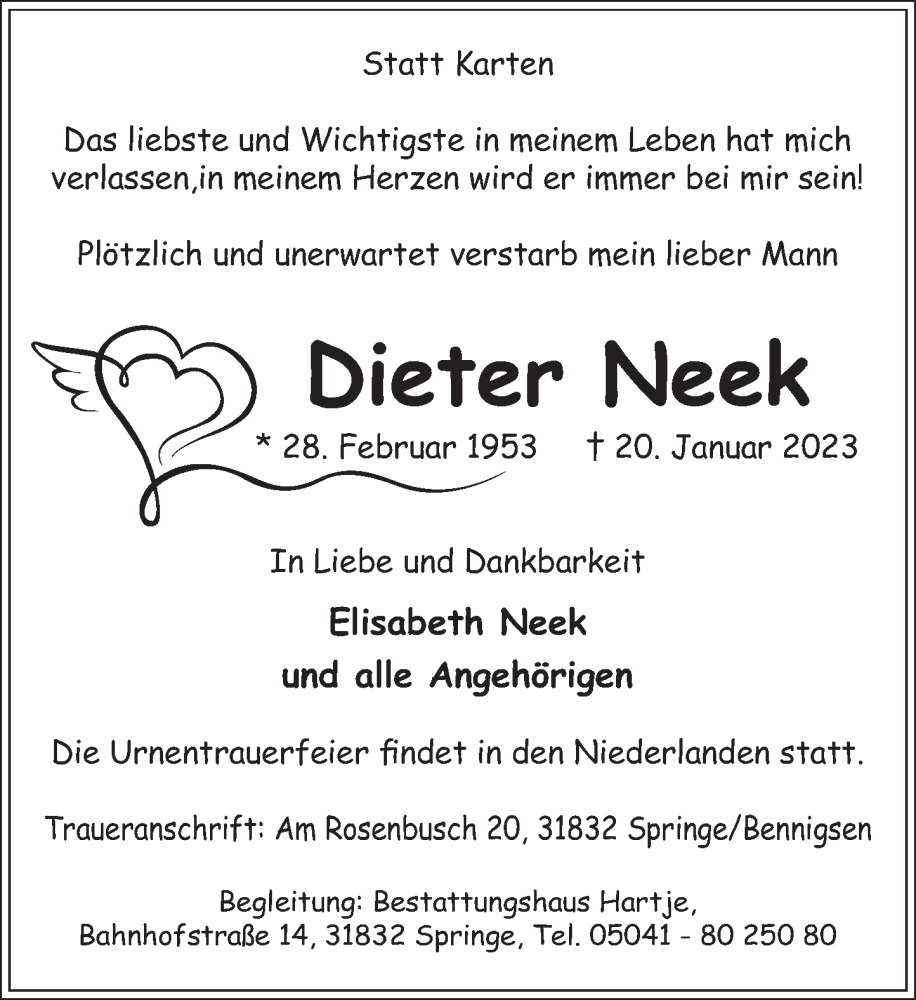  Traueranzeige für Dieter Neek vom 28.01.2023 aus Neue Deister-Zeitung