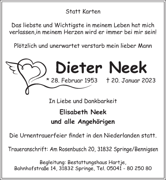 Traueranzeige von Dieter Neek von Neue Deister-Zeitung