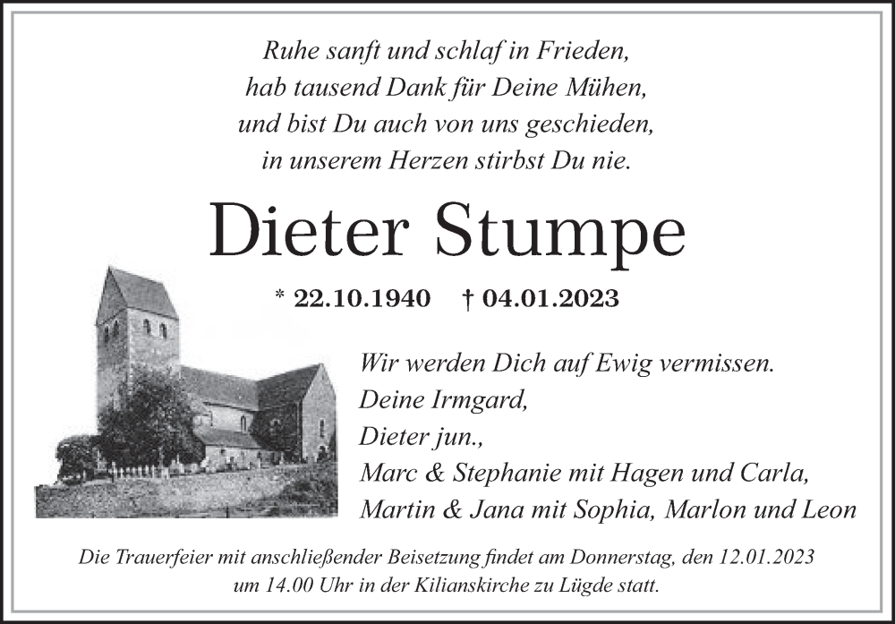  Traueranzeige für Dieter Stumpe vom 07.01.2023 aus Deister- und Weserzeitung