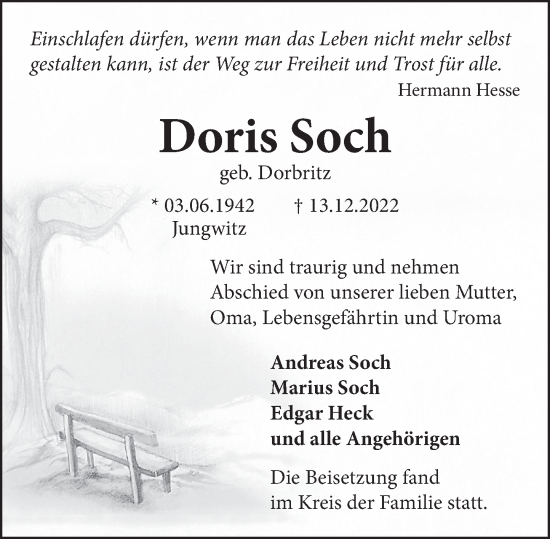 Traueranzeige von Doris Soch von Neue Deister-Zeitung