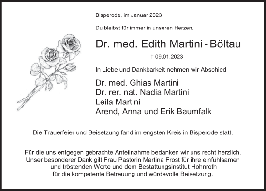 Traueranzeige von Edith Martini-Böltau von Deister- und Weserzeitung