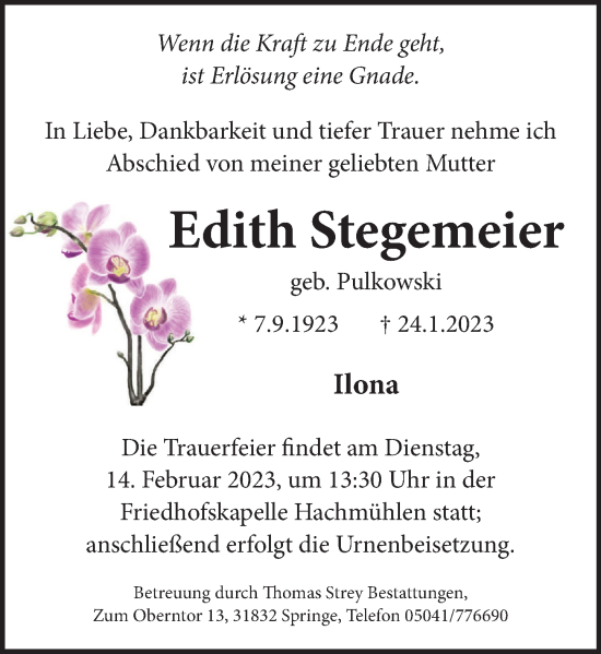 Traueranzeige von Edith Stegemeier von Neue Deister-Zeitung