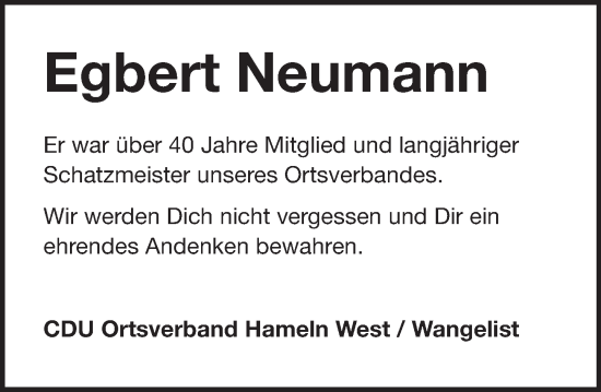 Traueranzeige von Egbert Neumann von Deister- und Weserzeitung