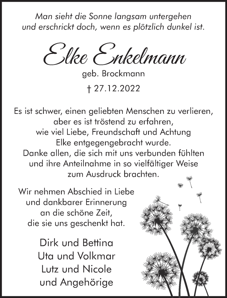  Traueranzeige für Elke Enkelmann vom 21.01.2023 aus Neue Deister-Zeitung
