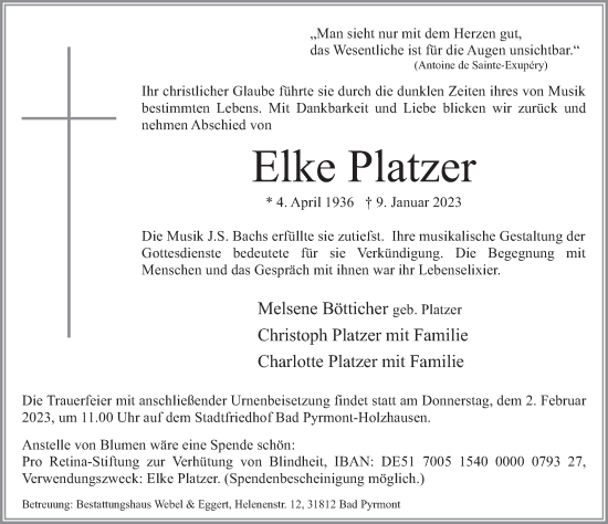 Traueranzeige von Elke Platzer von Deister- und Weserzeitung