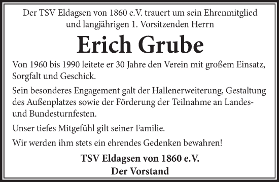 Traueranzeige von Erich Grube von Neue Deister-Zeitung