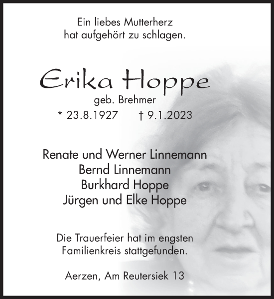 Traueranzeige von Erika Hoppe von Deister- und Weserzeitung