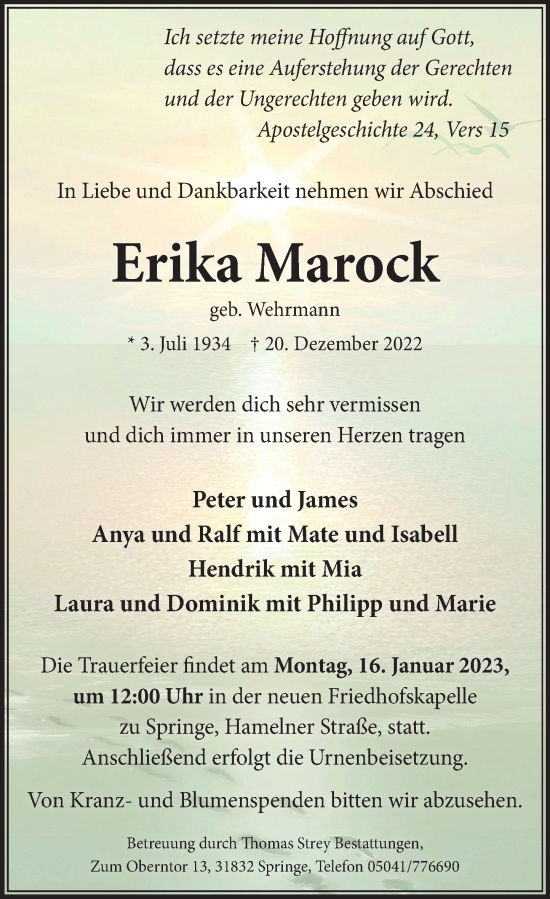 Traueranzeige von Erika Marock von Neue Deister-Zeitung