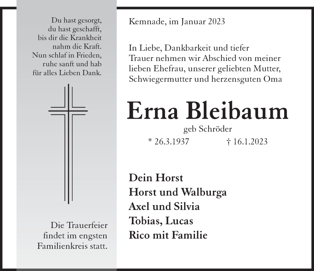  Traueranzeige für Erna Bleibaum vom 21.01.2023 aus Deister- und Weserzeitung