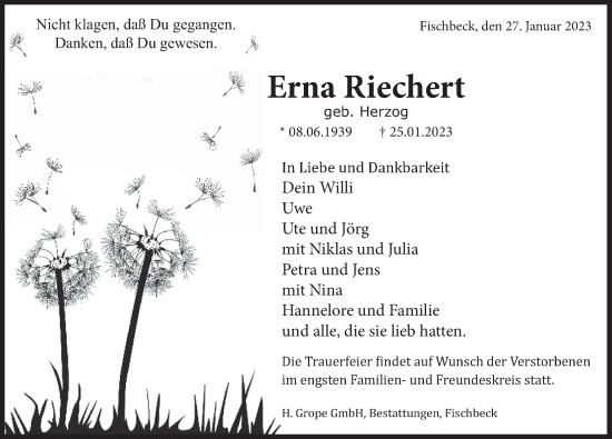 Traueranzeige von Erna Riechert von Deister- und Weserzeitung