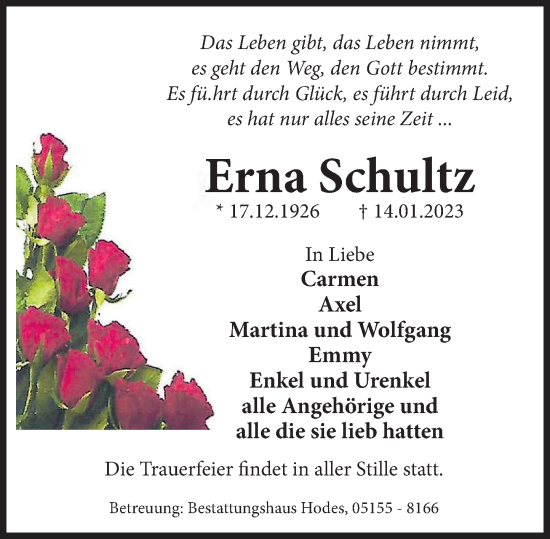 Traueranzeige von Erna Schultz von Deister- und Weserzeitung