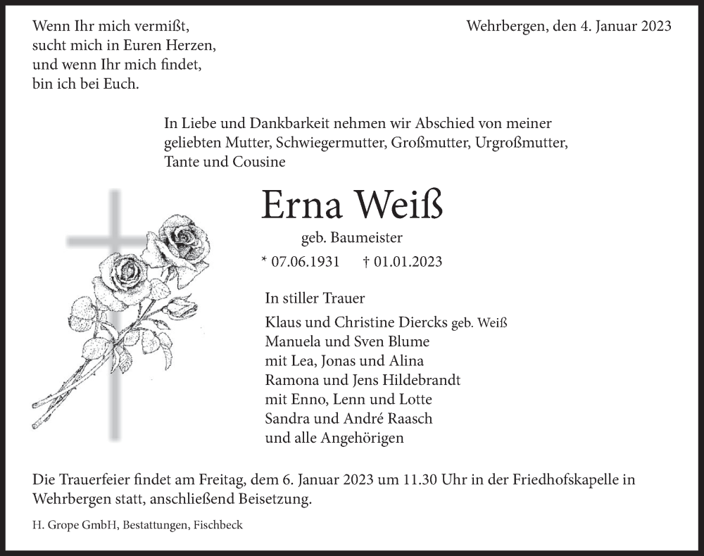  Traueranzeige für Erna Weiß vom 04.01.2023 aus Deister- und Weserzeitung