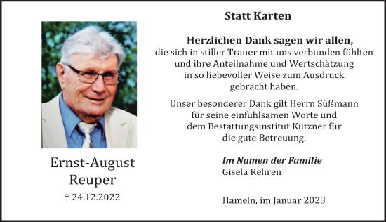 Traueranzeige von Ernst-August Reuper von Deister- und Weserzeitung