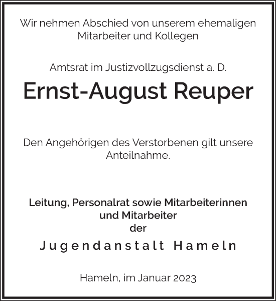 Traueranzeige von Ernst-August Reuper von Deister- und Weserzeitung
