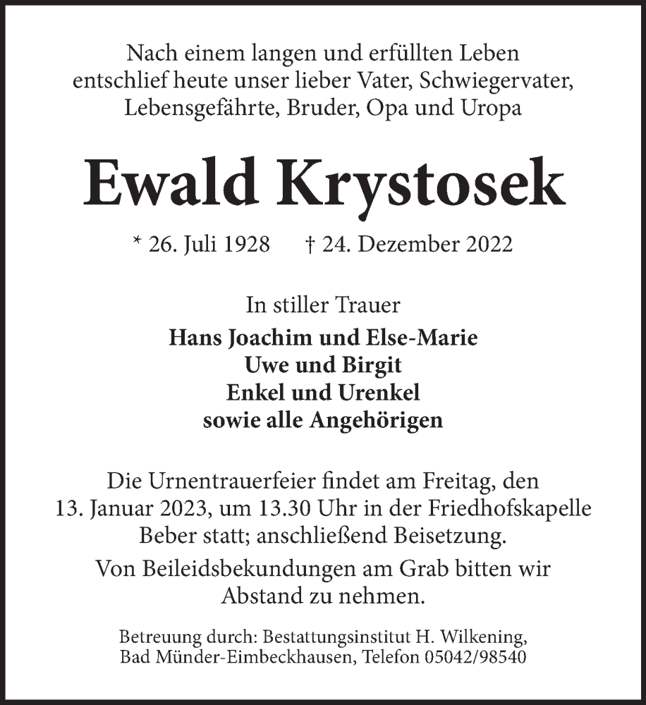  Traueranzeige für Ewald Krystosek vom 07.01.2023 aus Neue Deister-Zeitung