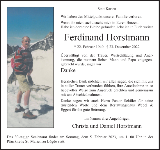 Traueranzeige von Ferdinand Horstmann von Deister- und Weserzeitung