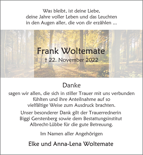 Traueranzeige von Frank Woltemate von Deister- und Weserzeitung