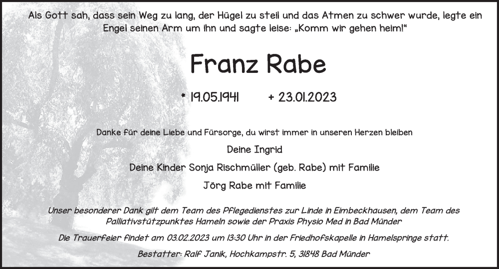  Traueranzeige für Franz Rabe vom 28.01.2023 aus Neue Deister-Zeitung