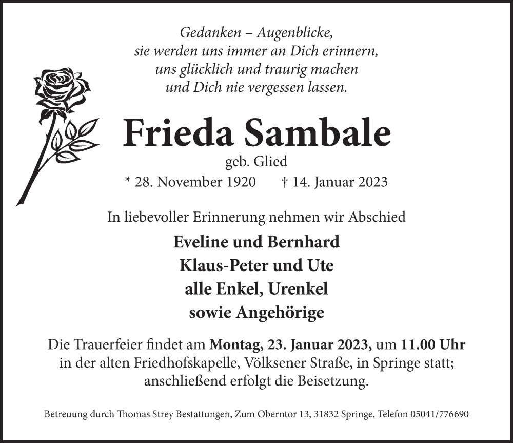  Traueranzeige für Frieda Sambale vom 21.01.2023 aus Neue Deister-Zeitung