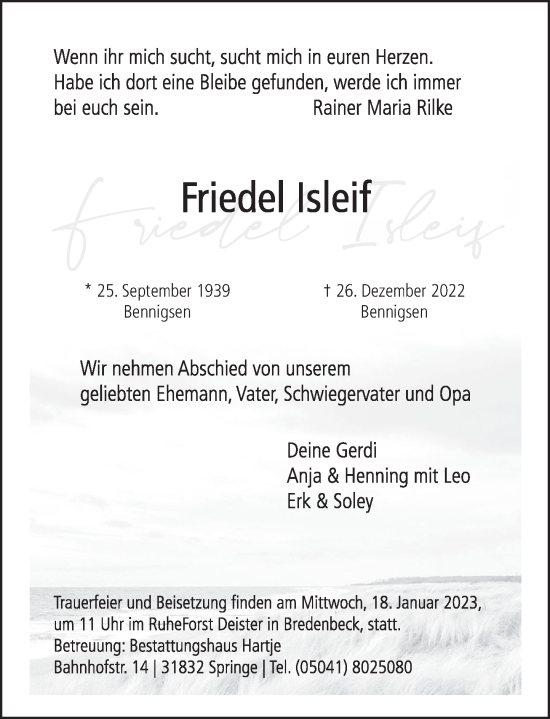 Traueranzeige von Friedel Isleif von Neue Deister-Zeitung