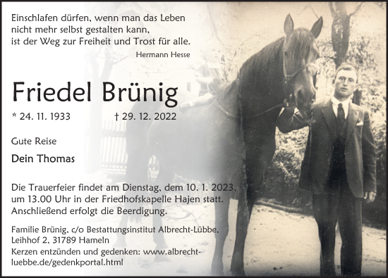 Traueranzeige von Friedrich Brünig von Deister- und Weserzeitung