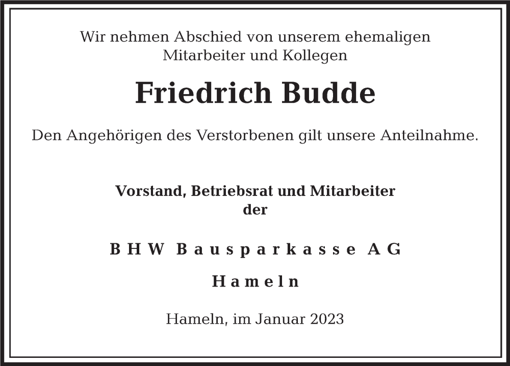  Traueranzeige für Friedrich Budde vom 17.01.2023 aus Deister- und Weserzeitung