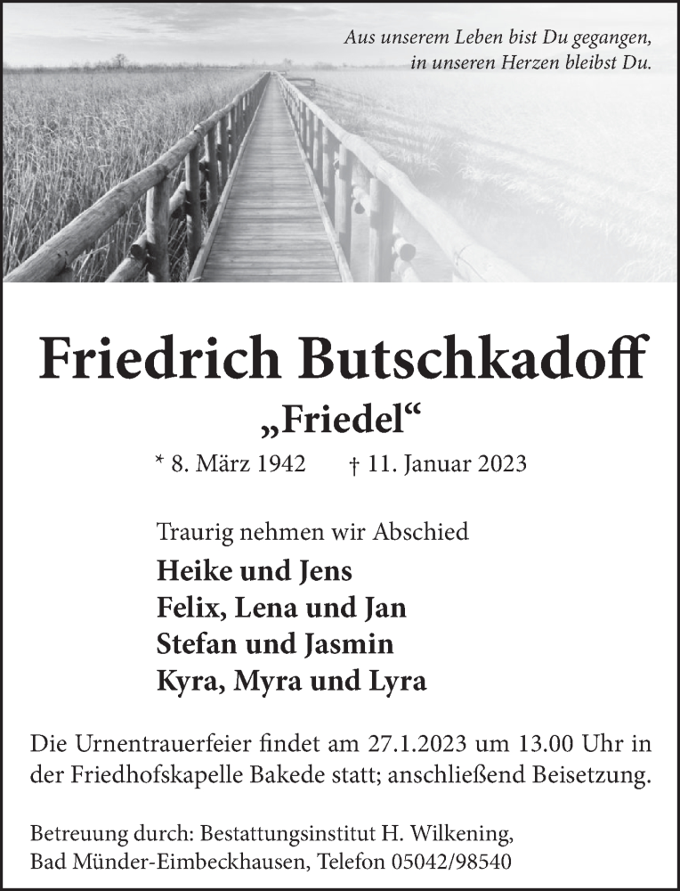  Traueranzeige für Friedrich Butschkadoff vom 21.01.2023 aus Neue Deister-Zeitung