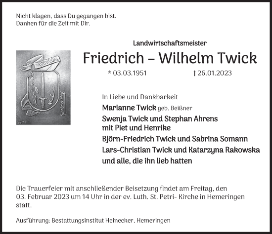 Traueranzeige von Friedrich-Wilhelm Twick von Deister- und Weserzeitung