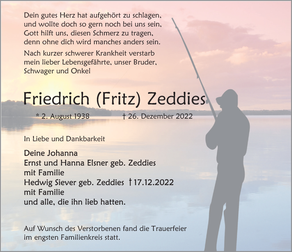  Traueranzeige für Friedrich Zeddies vom 07.01.2023 aus Deister- und Weserzeitung