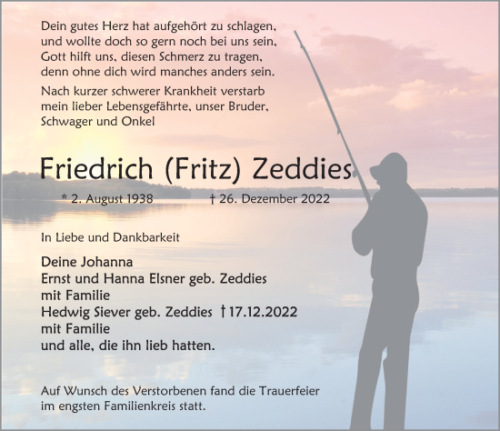 Traueranzeige von Friedrich Zeddies von Deister- und Weserzeitung