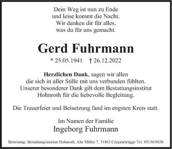 Traueranzeige von Gerd Fuhrmann von Deister- und Weserzeitung