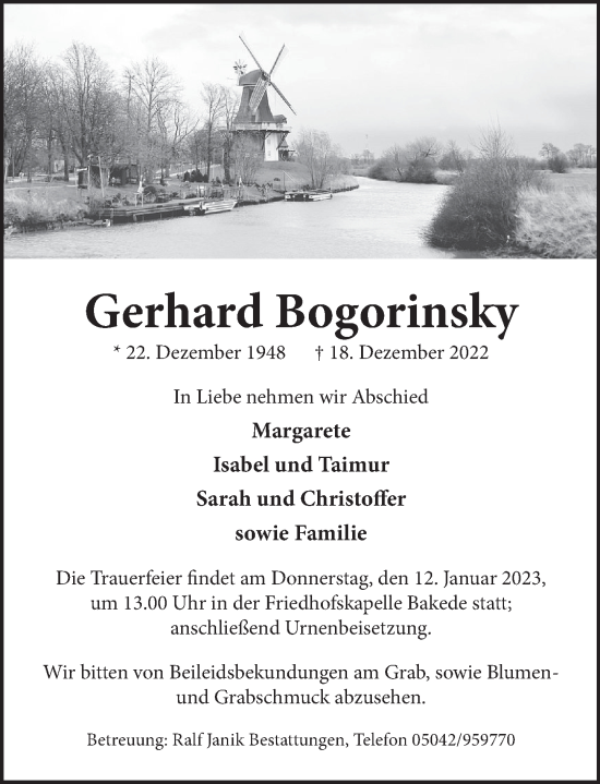 Traueranzeige von Gerhard Bogorinsky von Neue Deister-Zeitung