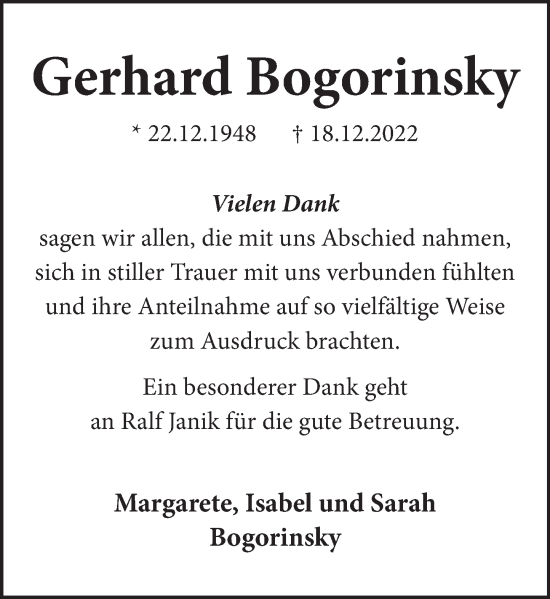 Traueranzeige von Gerhard Bogorinsky von Neue Deister-Zeitung