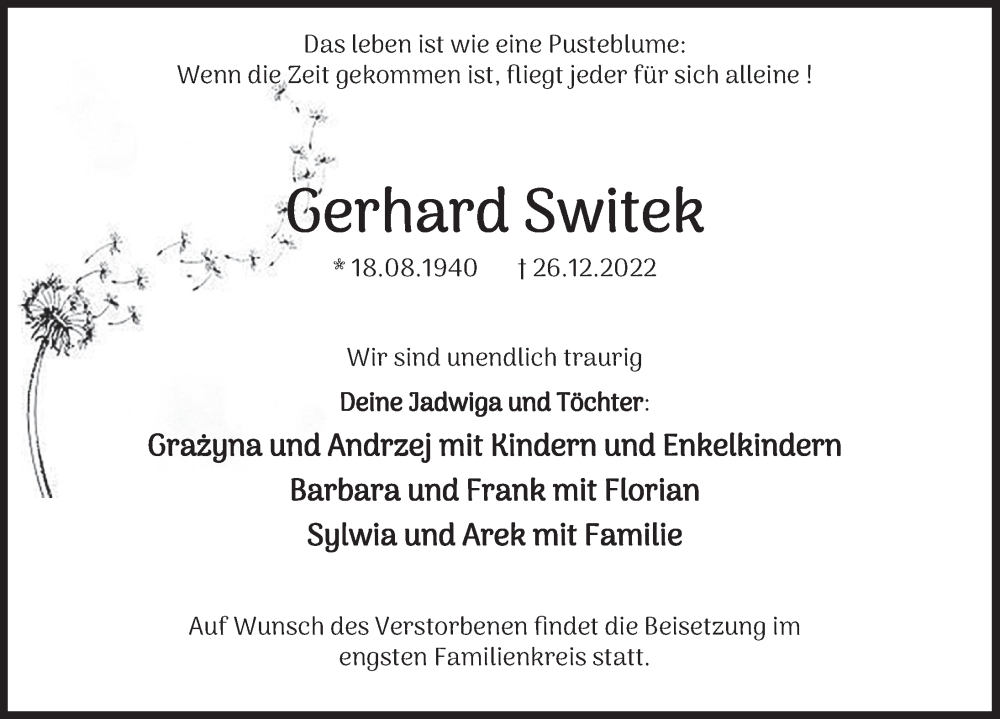  Traueranzeige für Gerhard Switek vom 14.01.2023 aus Deister- und Weserzeitung
