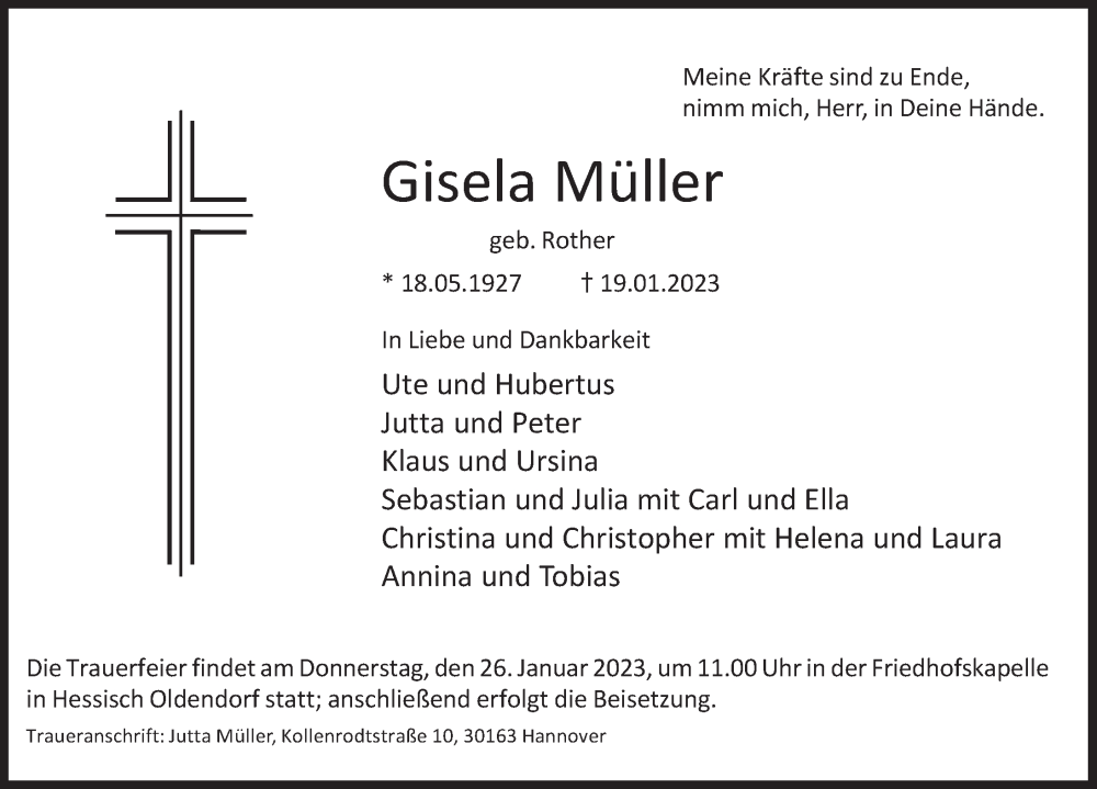  Traueranzeige für Gisela Müller vom 25.01.2023 aus Deister- und Weserzeitung