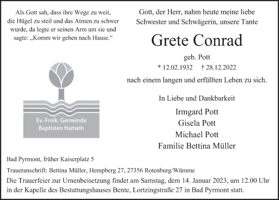 Traueranzeige von Grete Conrad von Deister- und Weserzeitung